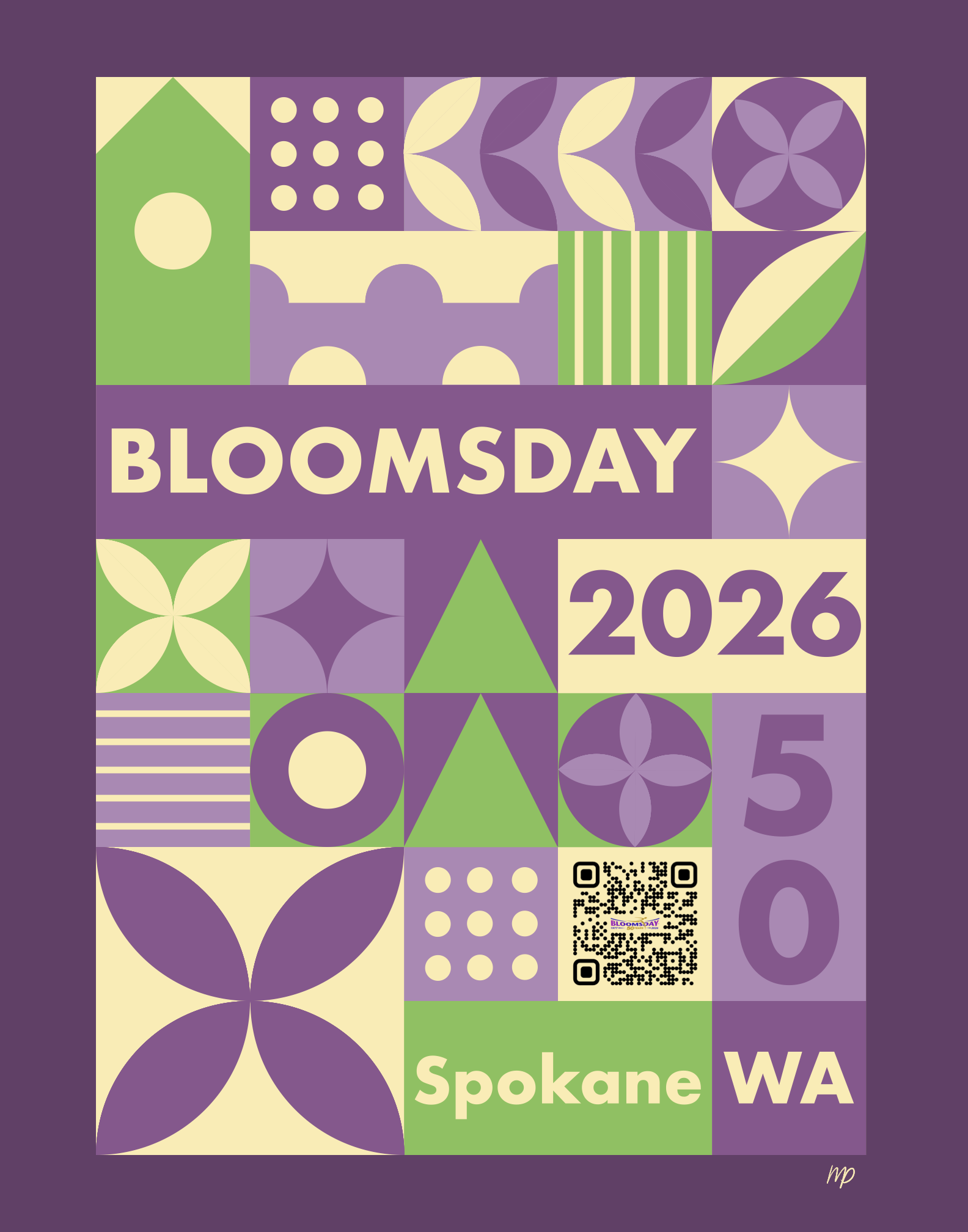 Bloomsday 2026 poster — geometric botanical design for Spokane's annual race