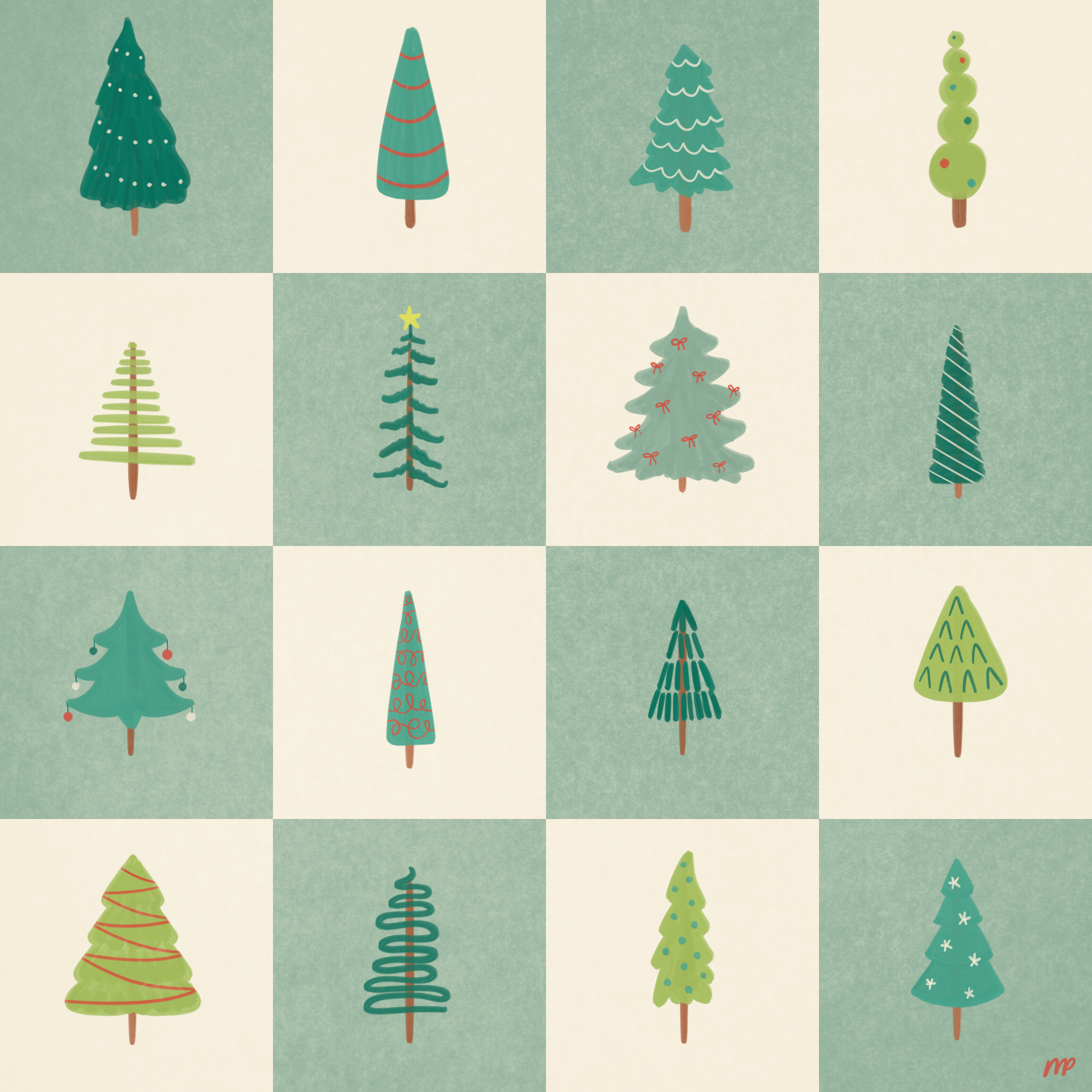 Christmas trees pattern — hand drawn trees in a checkerboard grid