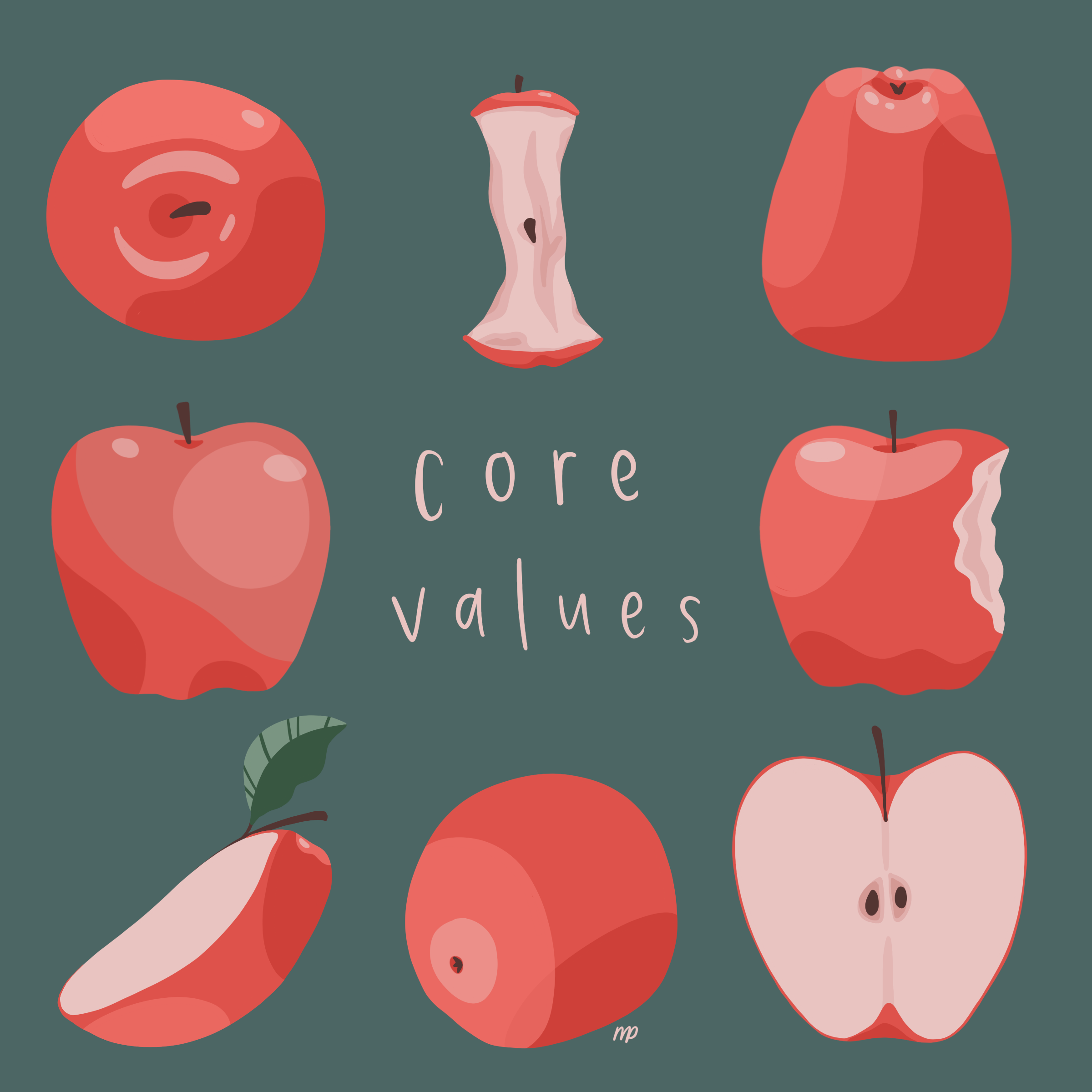 Core Values — illustrated apples in every state on sage green