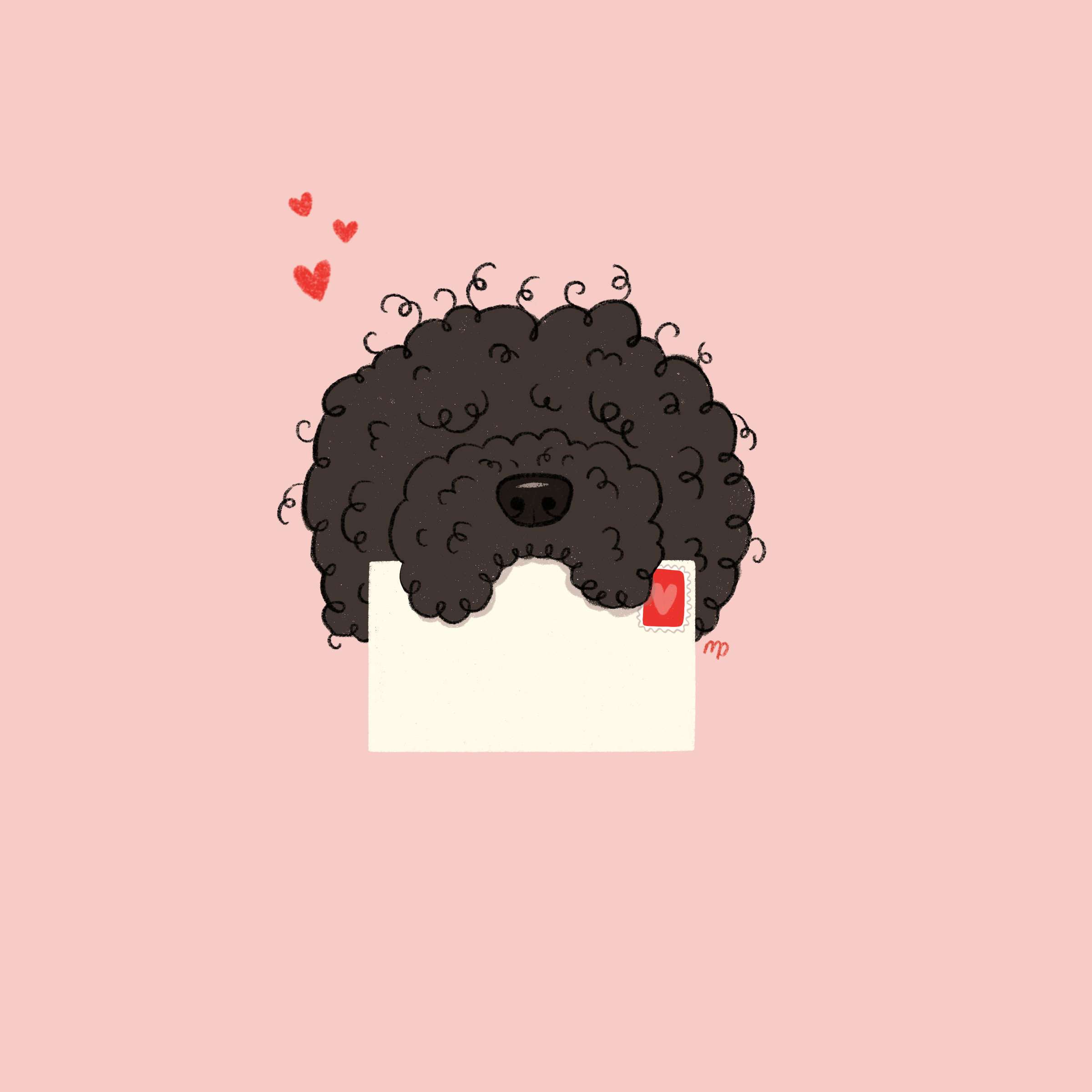 Love letter — curly haired dog holding an envelope with hearts