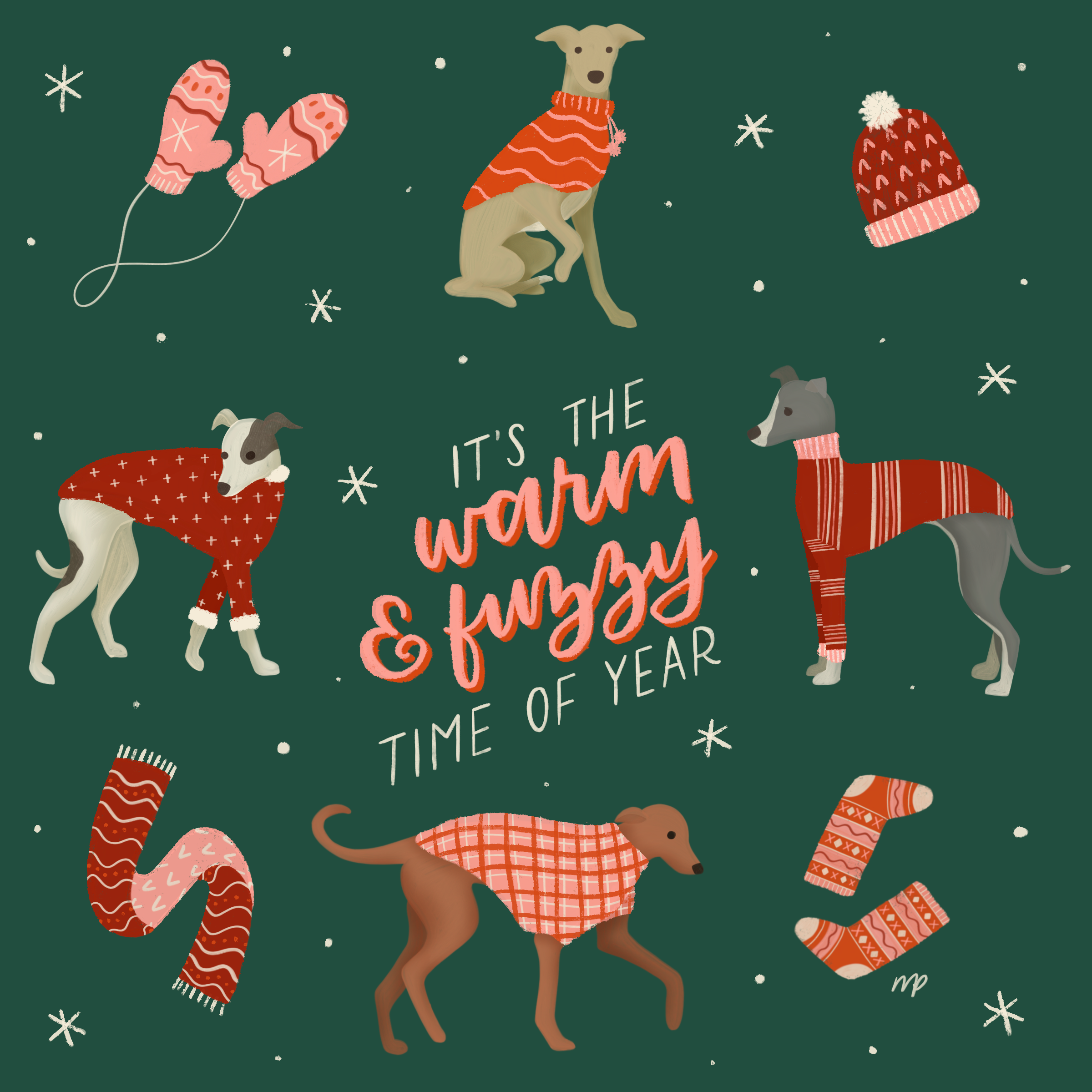 Greyhound holidays — illustrated greyhounds in cozy sweaters