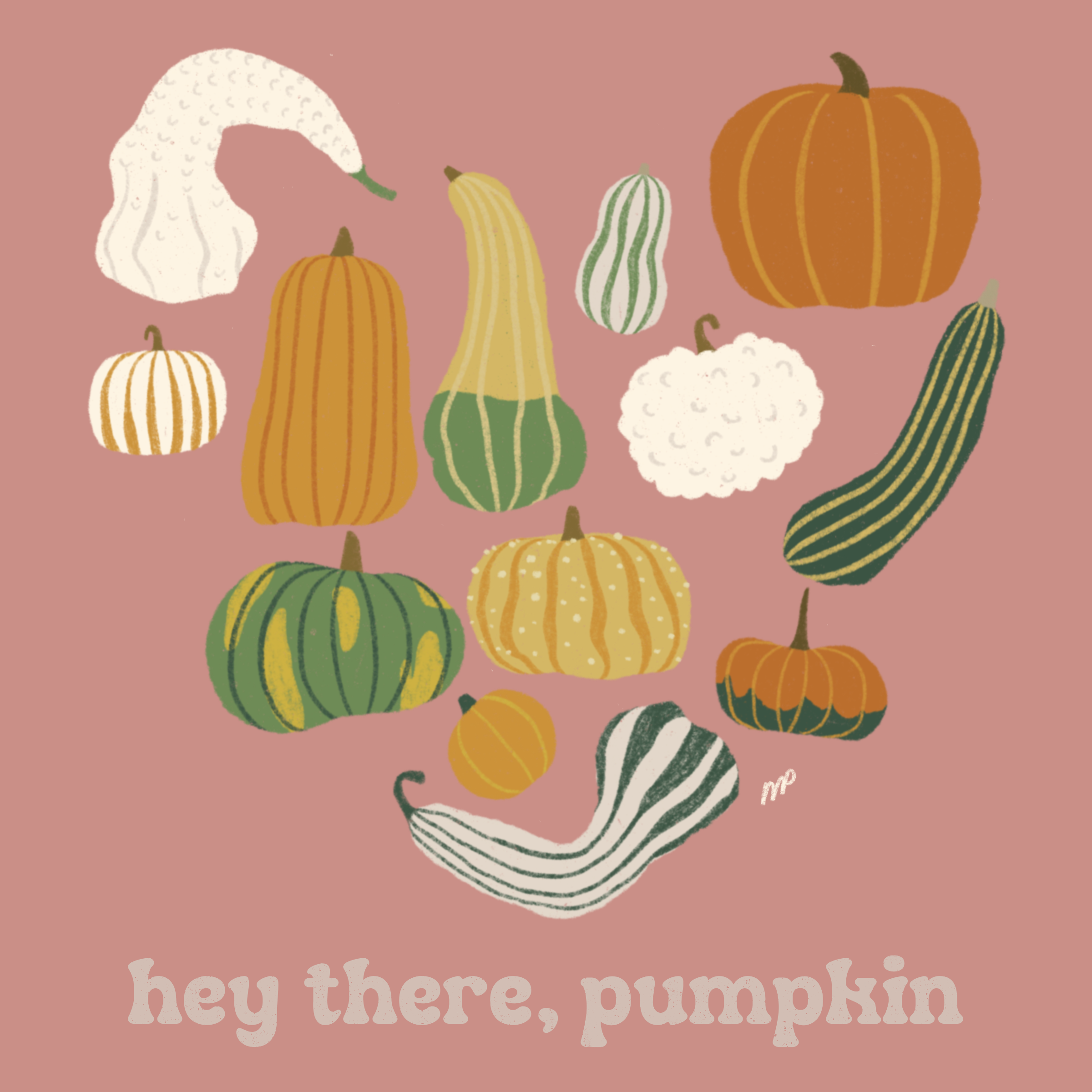 Hey there, pumpkin — illustrated collection of pumpkins and gourds in earthy tones on dusty rose