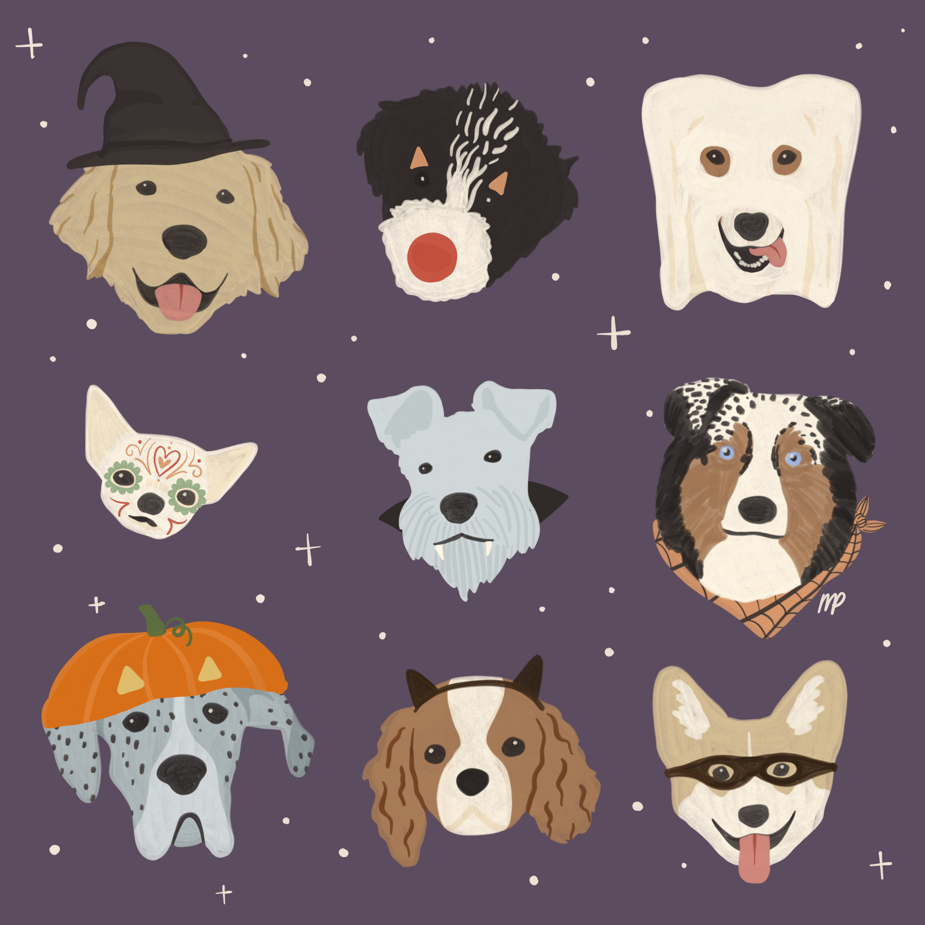 Howloween — nine illustrated dog portraits in Halloween costumes on a purple starry background
