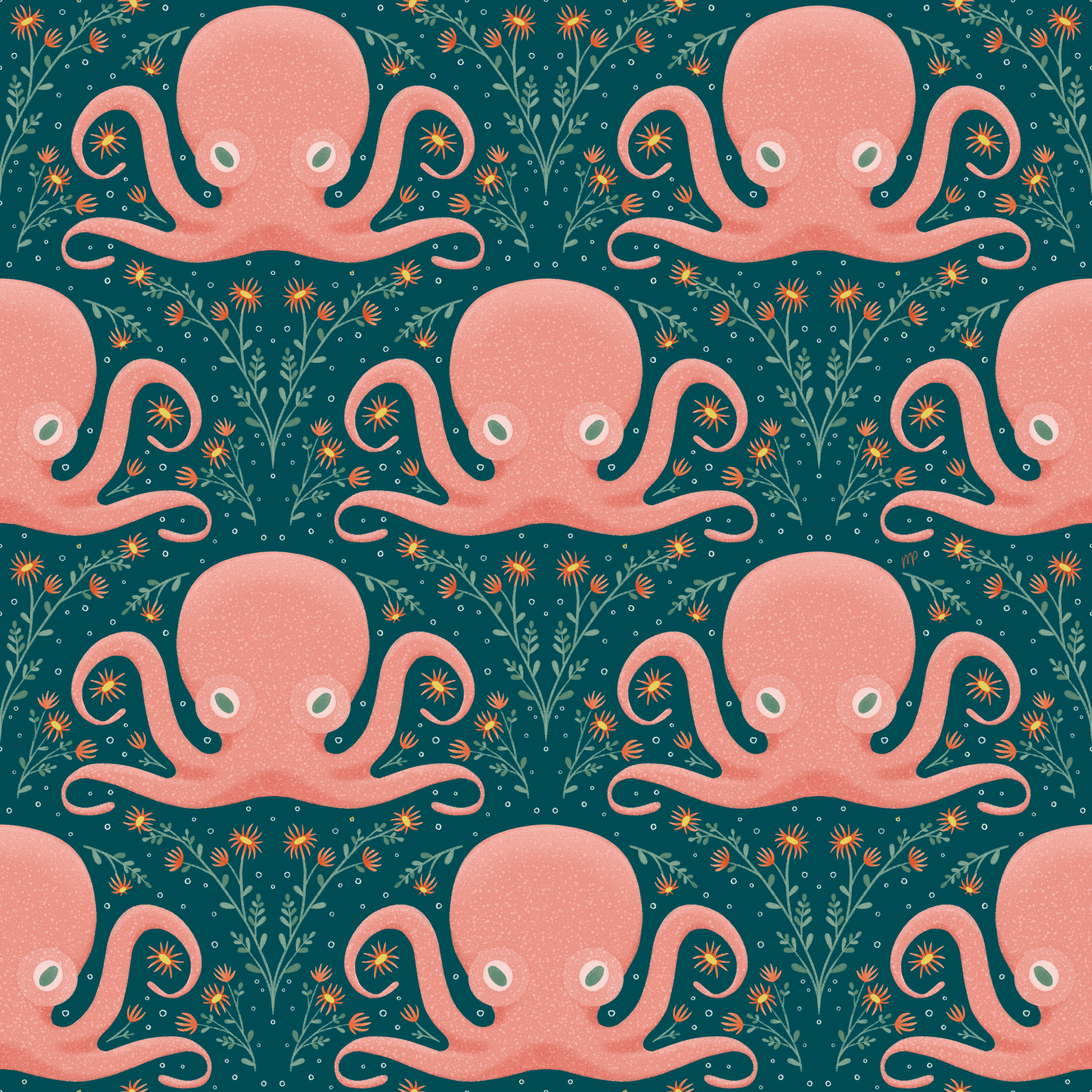 Octopus Garden surface pattern — pink octopi with botanical details on teal