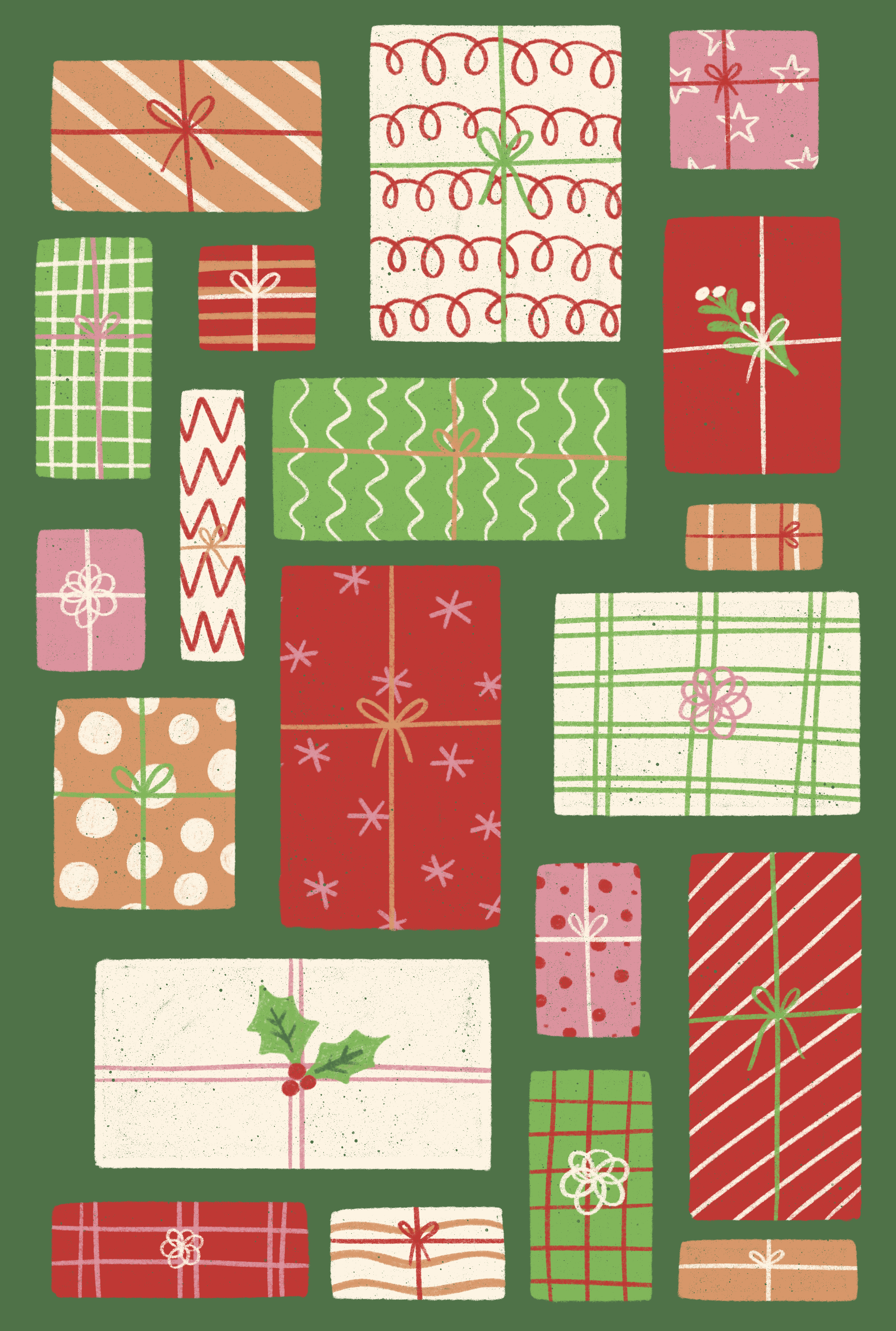Presents on presents — illustrated Christmas gift boxes in red, green, and cream on dark green