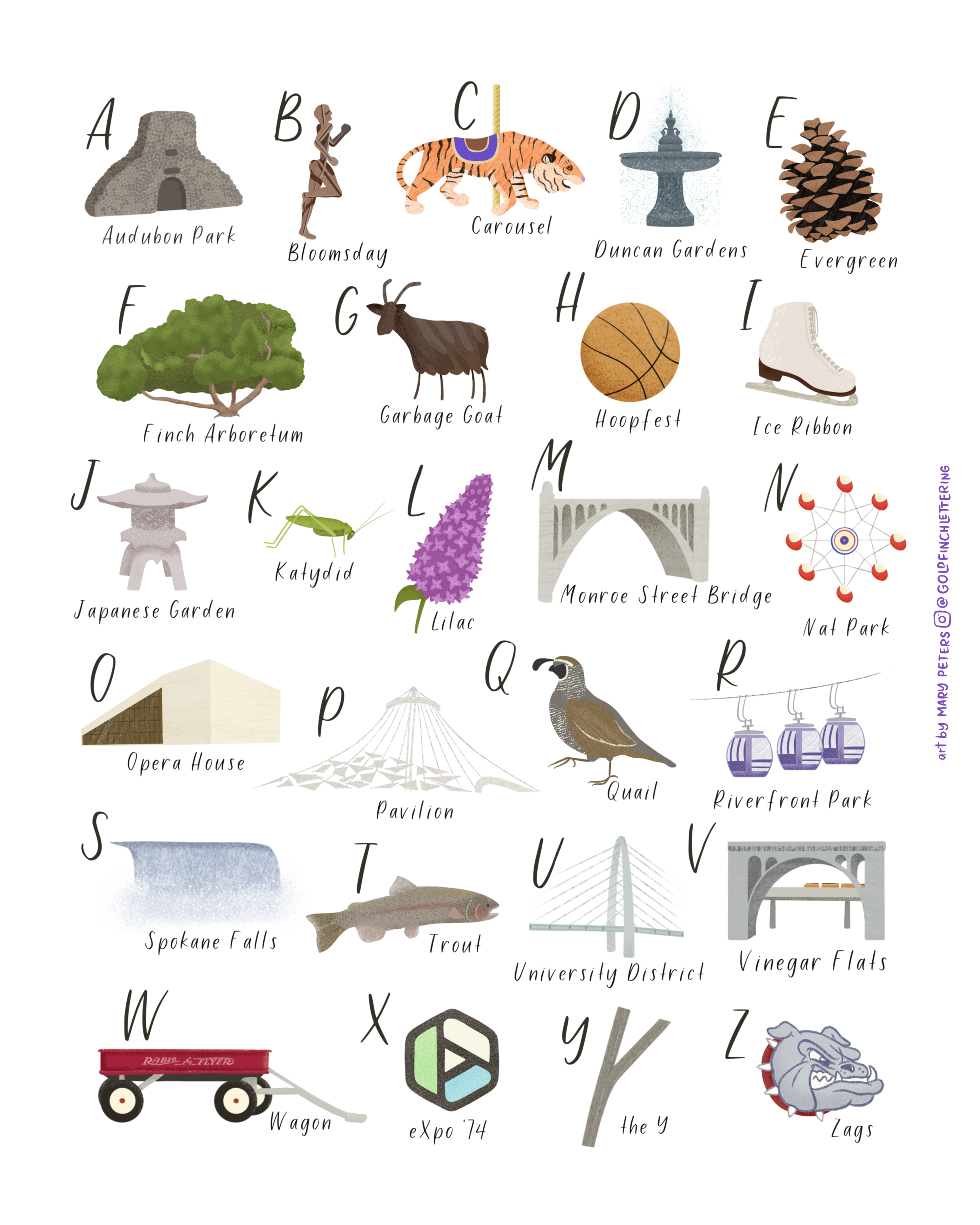 Spokalphabet — illustrated A-to-Z print of Spokane landmarks and icons by Goldfinch Lettering