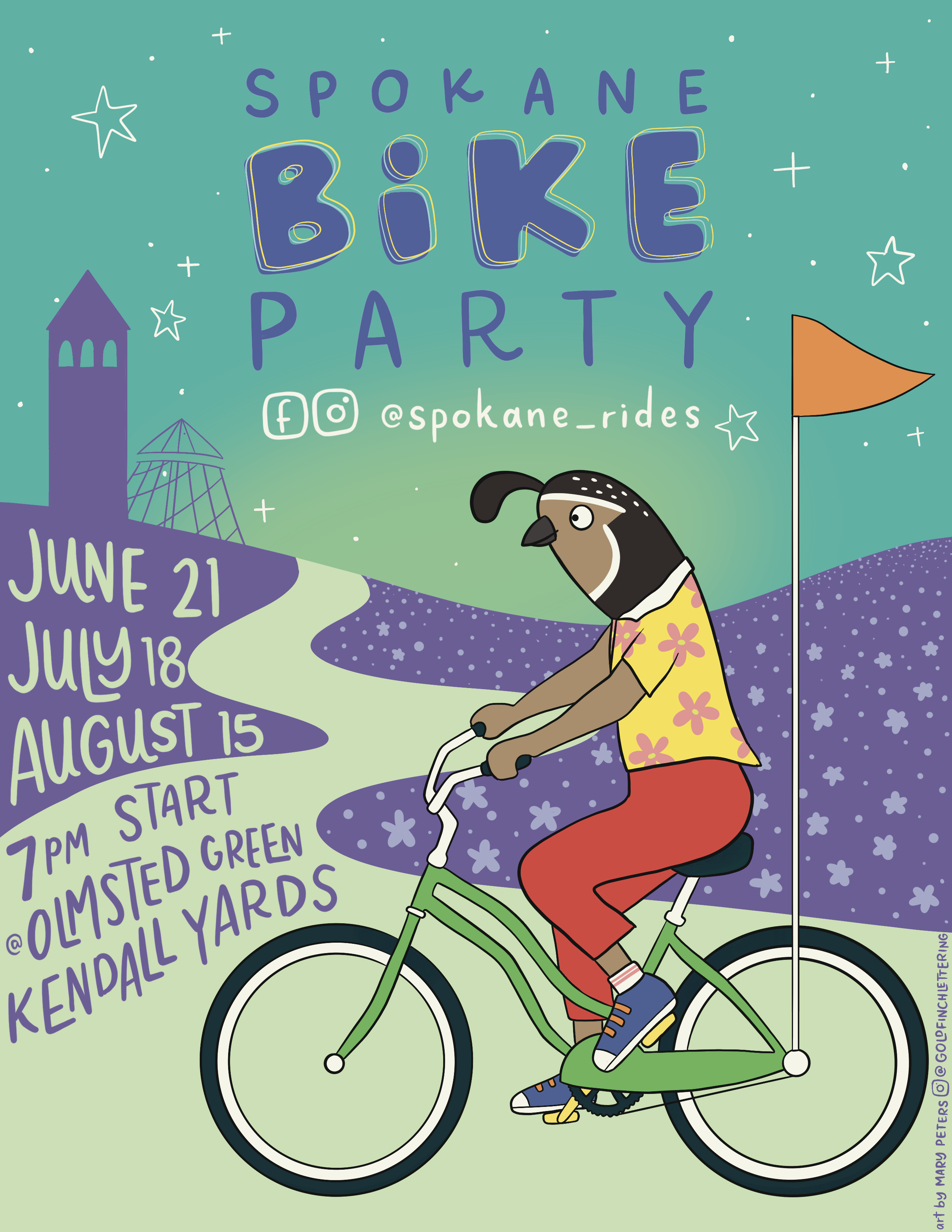 Spokane Bike Party — event poster with illustrated cyclist, summer 2024 dates at Olmsted Green, Kendall Yards