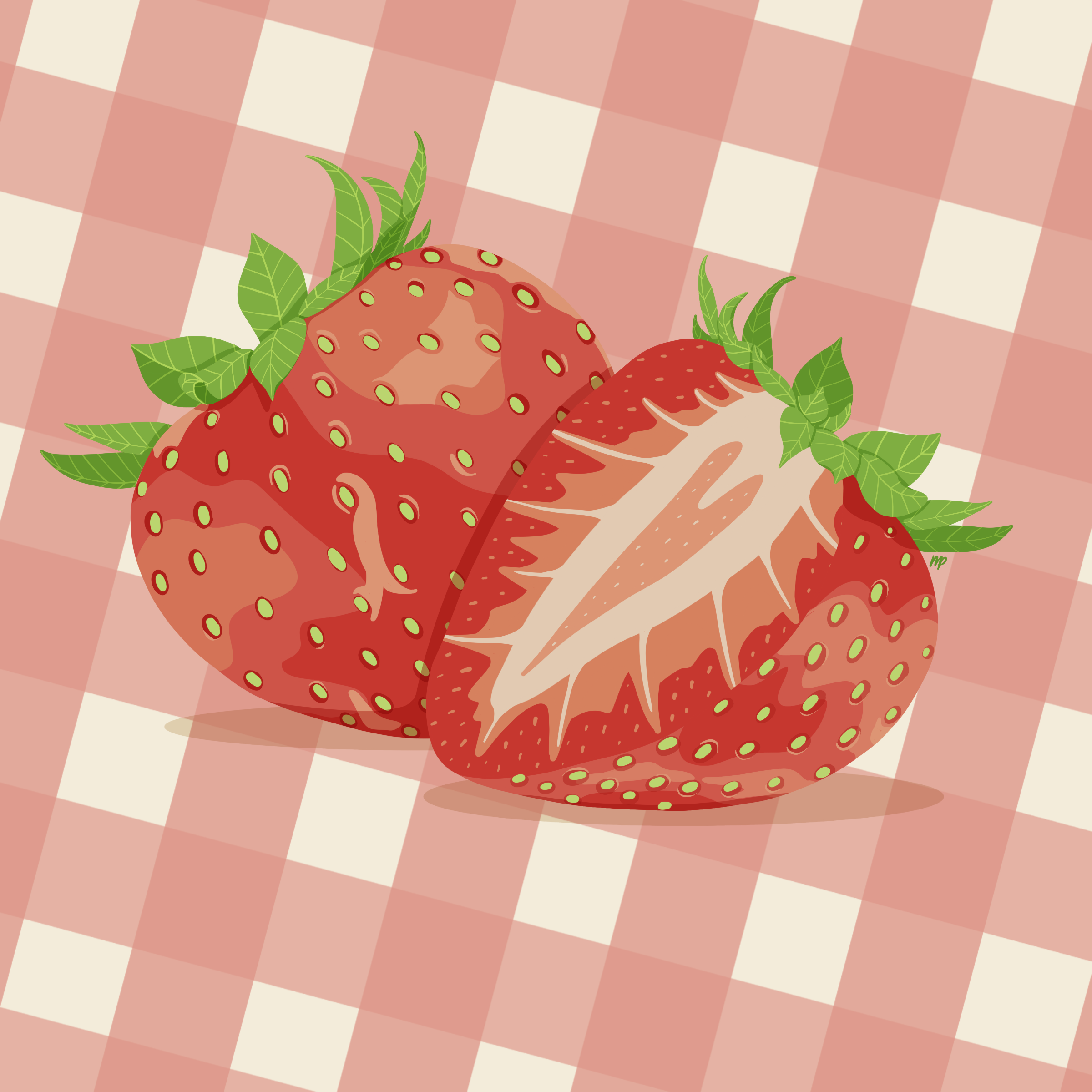 Strawberries — illustrated strawberries on a pink gingham background