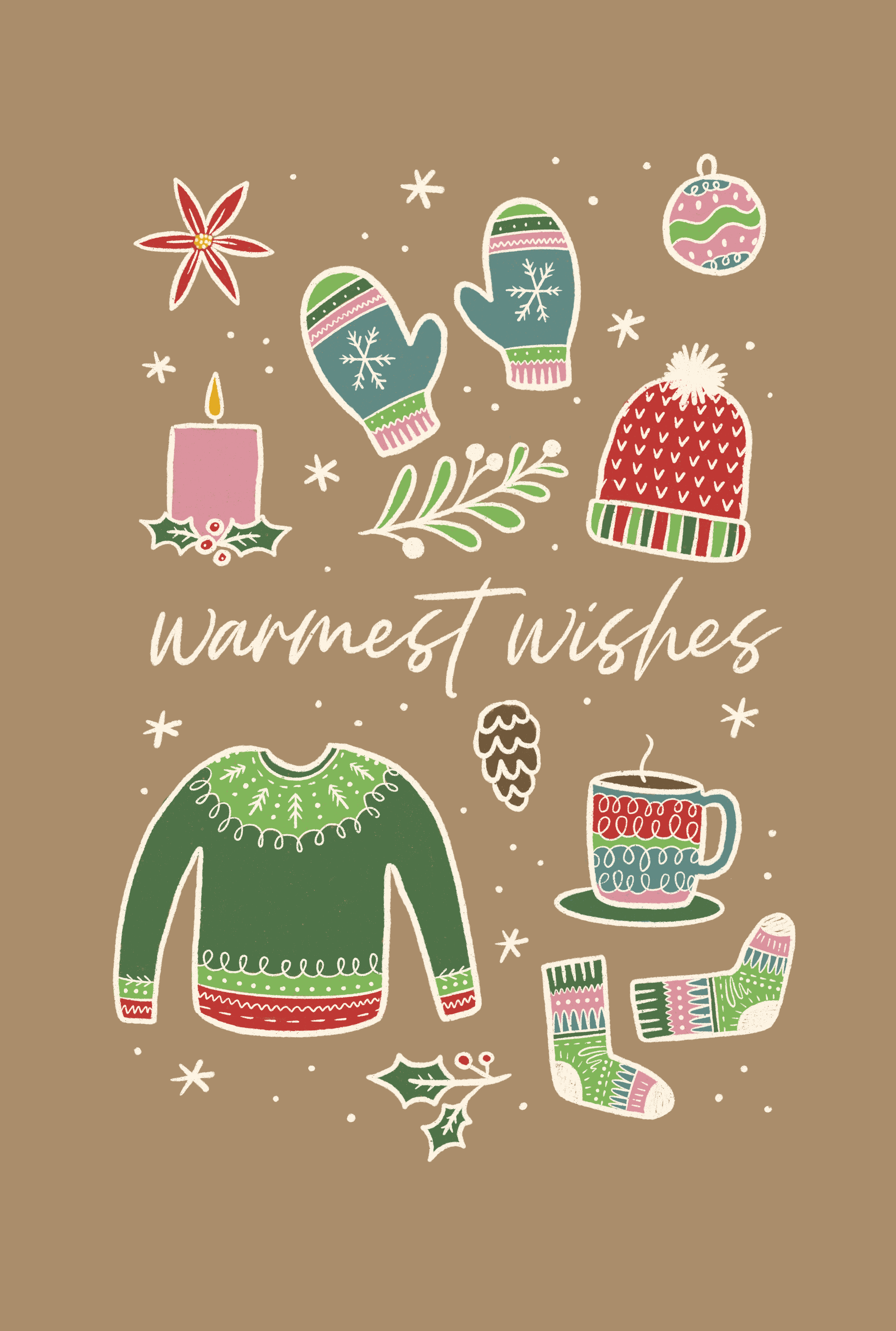 Warmest Wishes — holiday lettering surrounded by cozy winter illustrations of mittens, sweater, mug, and candle on kraft brown